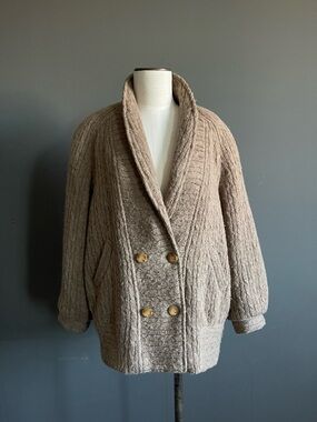 Vintage Textured Wool Coat Cardigan Taupe Shawl Collar Paris Minimalist Grandpa